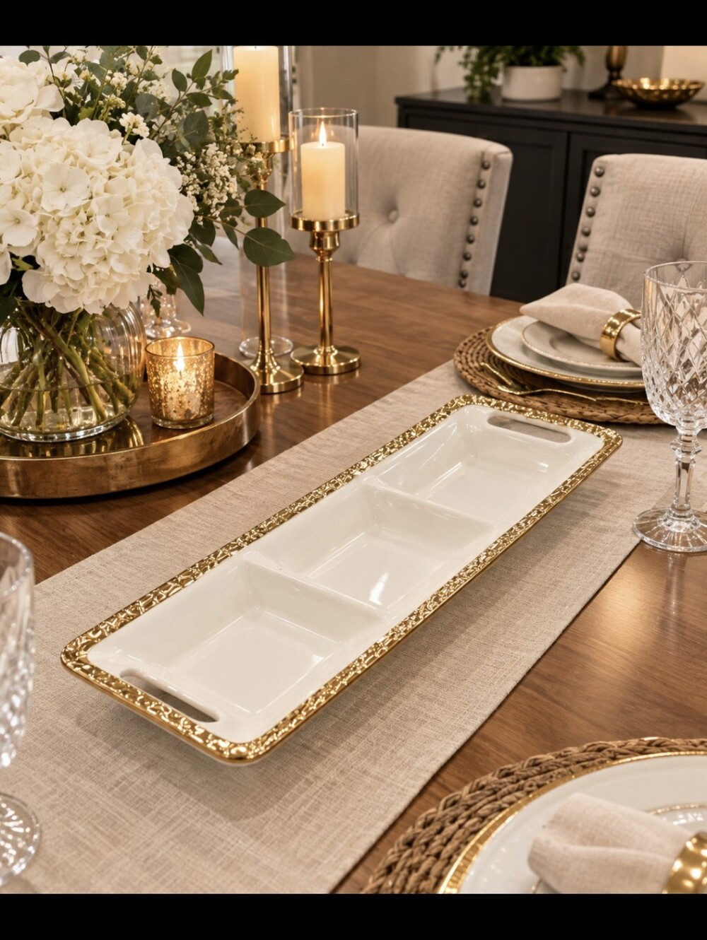 Elegant White Ceramic Divided Serving Tray with Gold Rim